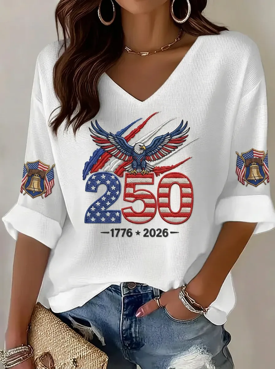 Women's USA 250th Anniversary Eagle Liberty Bell Printed V-neck Top