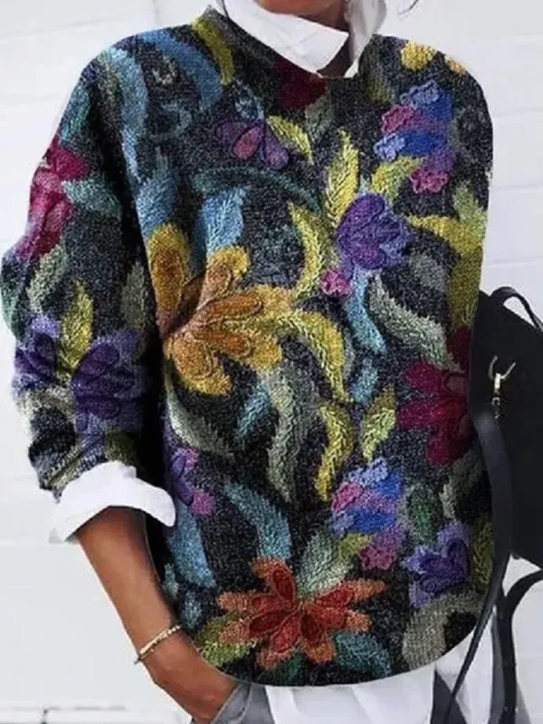 Vintage Milled Floral Print Loose Long Sleeve Top