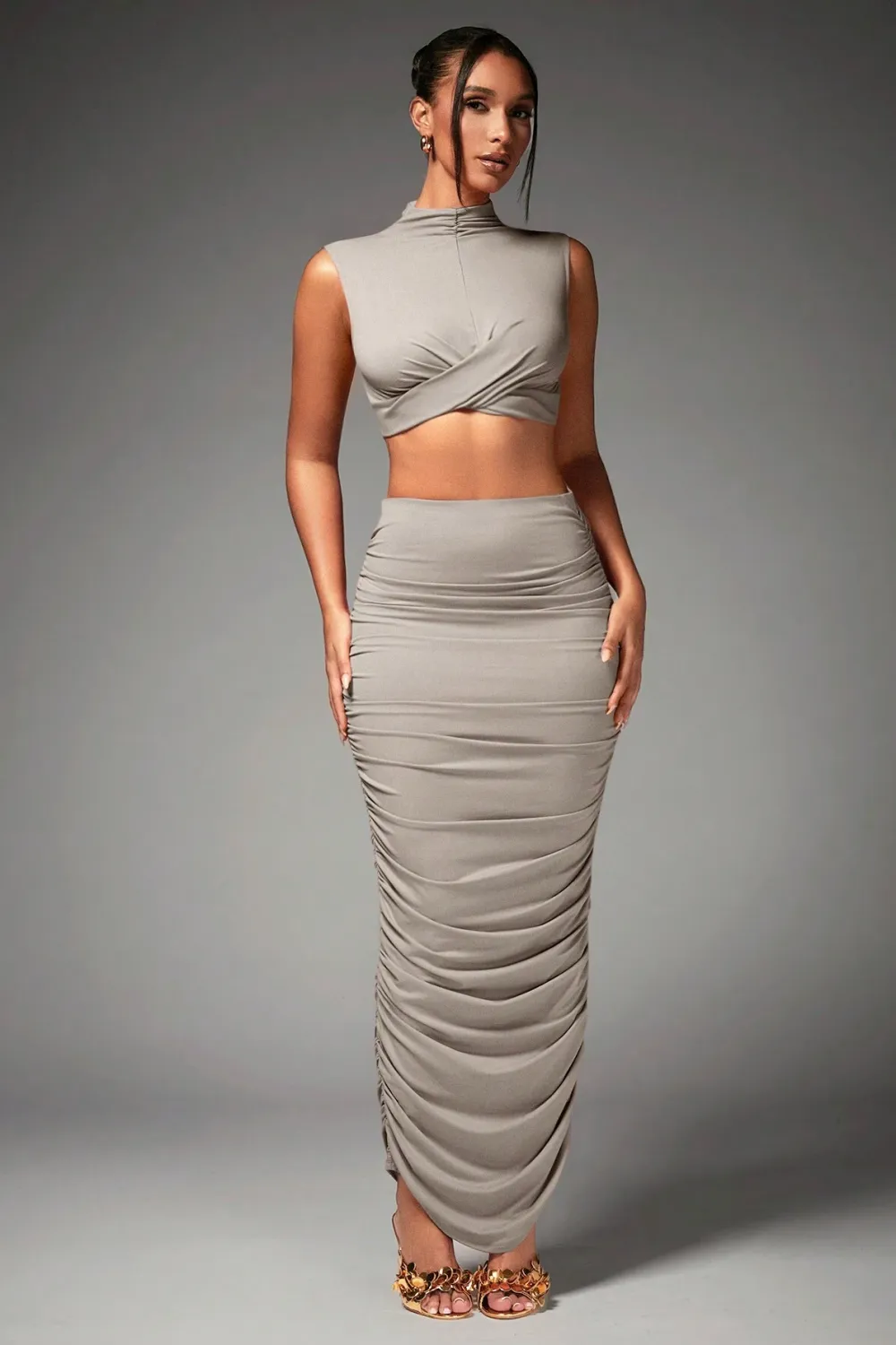 BAE Women's Mock Neck Pleated Crop Top And Skirt Set