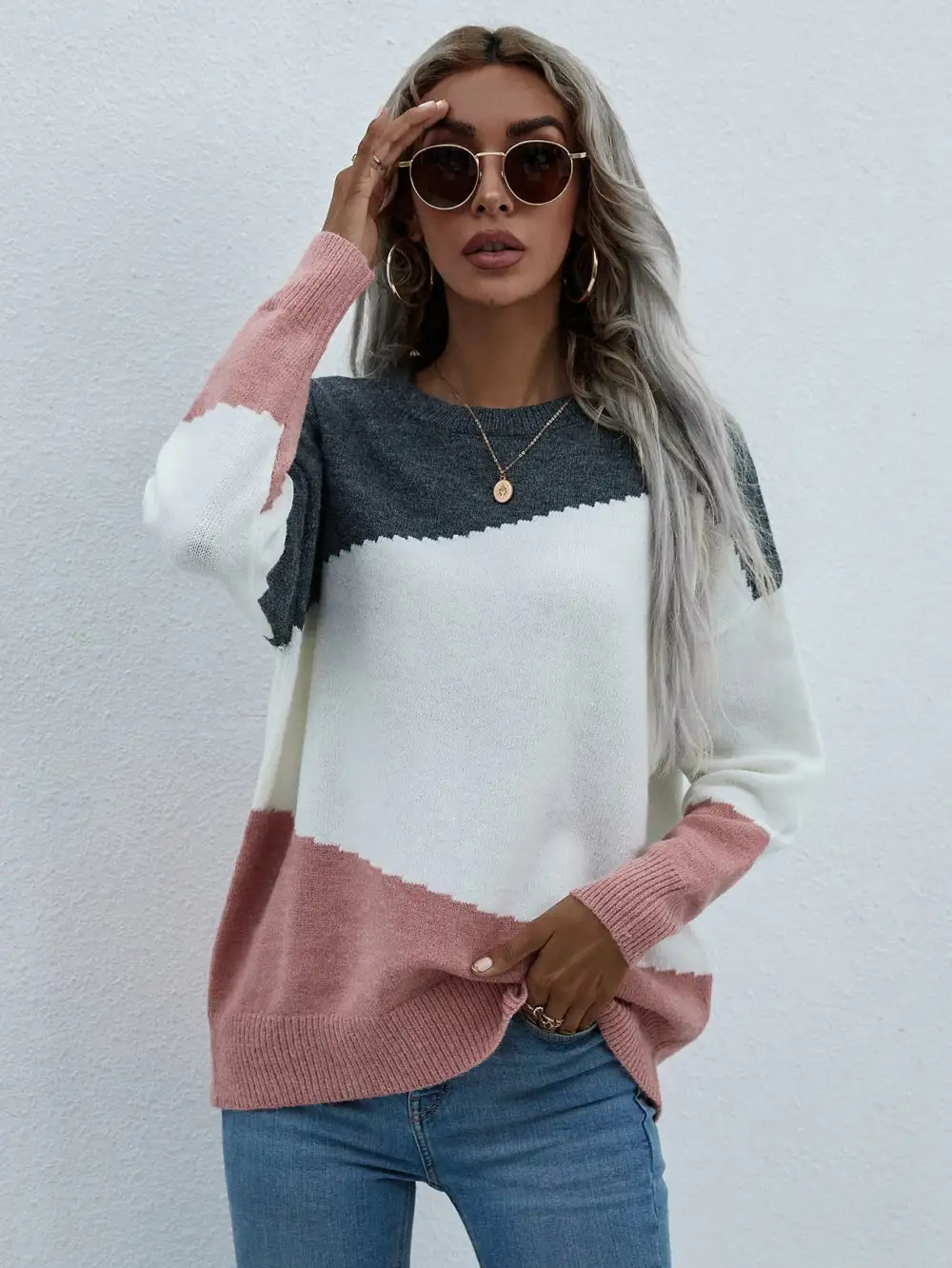 Color Block Dropped Shoulder Pullover Sweater