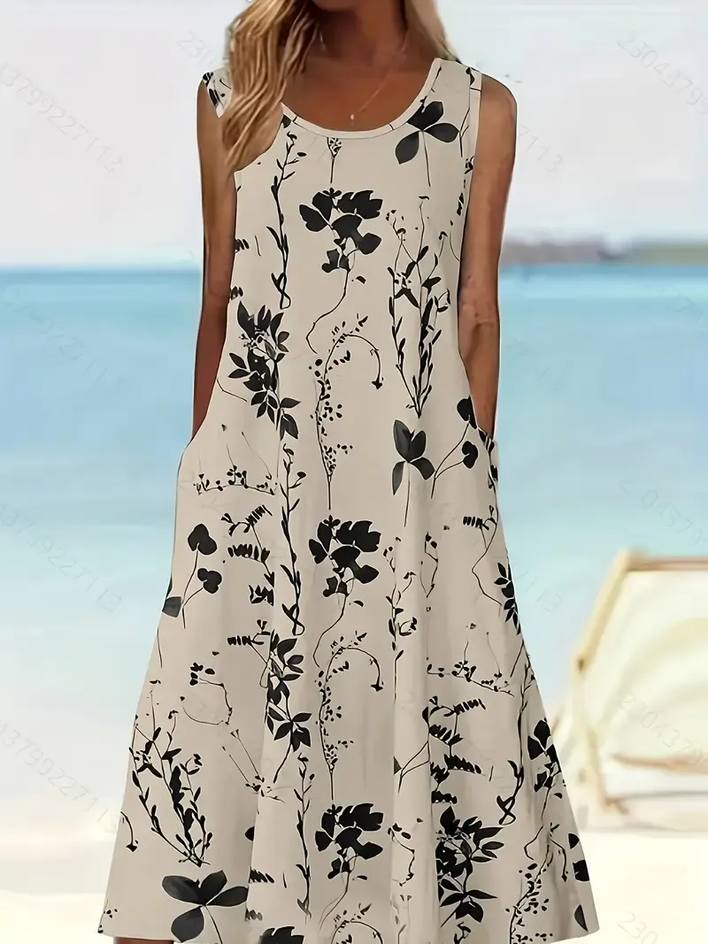 Plus Size Floral Print Dress, Casual Sleeveless Polyester Knit Fabric with Pockets, Spring/Summer Collection, Knit Dress