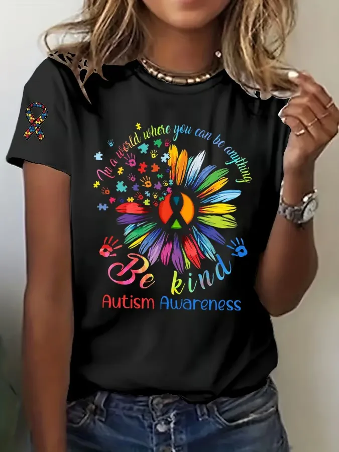 Women'S T-Shirt Women'S Autism Awareness T-Shirt Monogram Printed Round Neck Cotton Short Sleeve