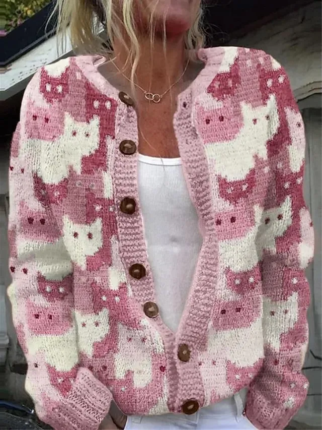 Women's Sweater Daily Graphic Crew Neck Print Long Sleeve Regular Tops Knit Weekend Pink Khaki Fall Winter