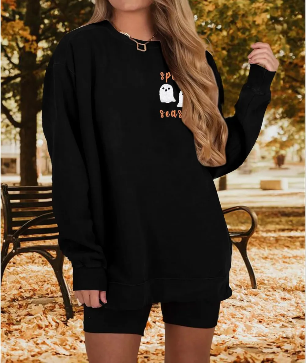 LOTUCY Halloween Sweatshirt Women Cute Spooky Season Sweatshirts Ghost Fall Embroidered Sweater Pullover Top