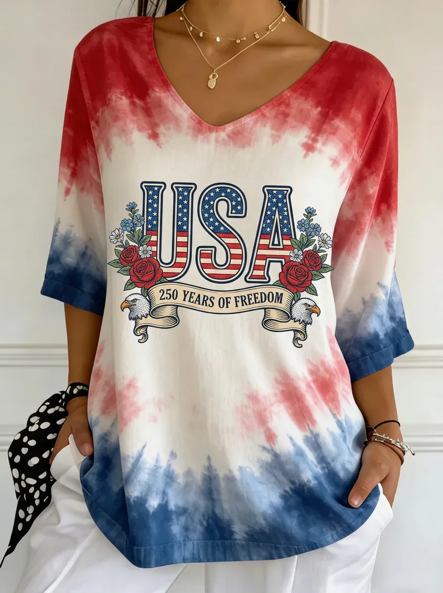 Women's USA Patriotic Eagle Floral Printed Tie-Dye T-shirt