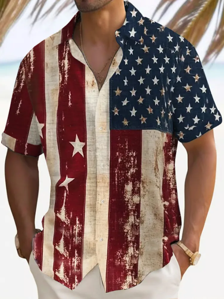Men's Independence Day Print Lapel Short Sleeve Shirt