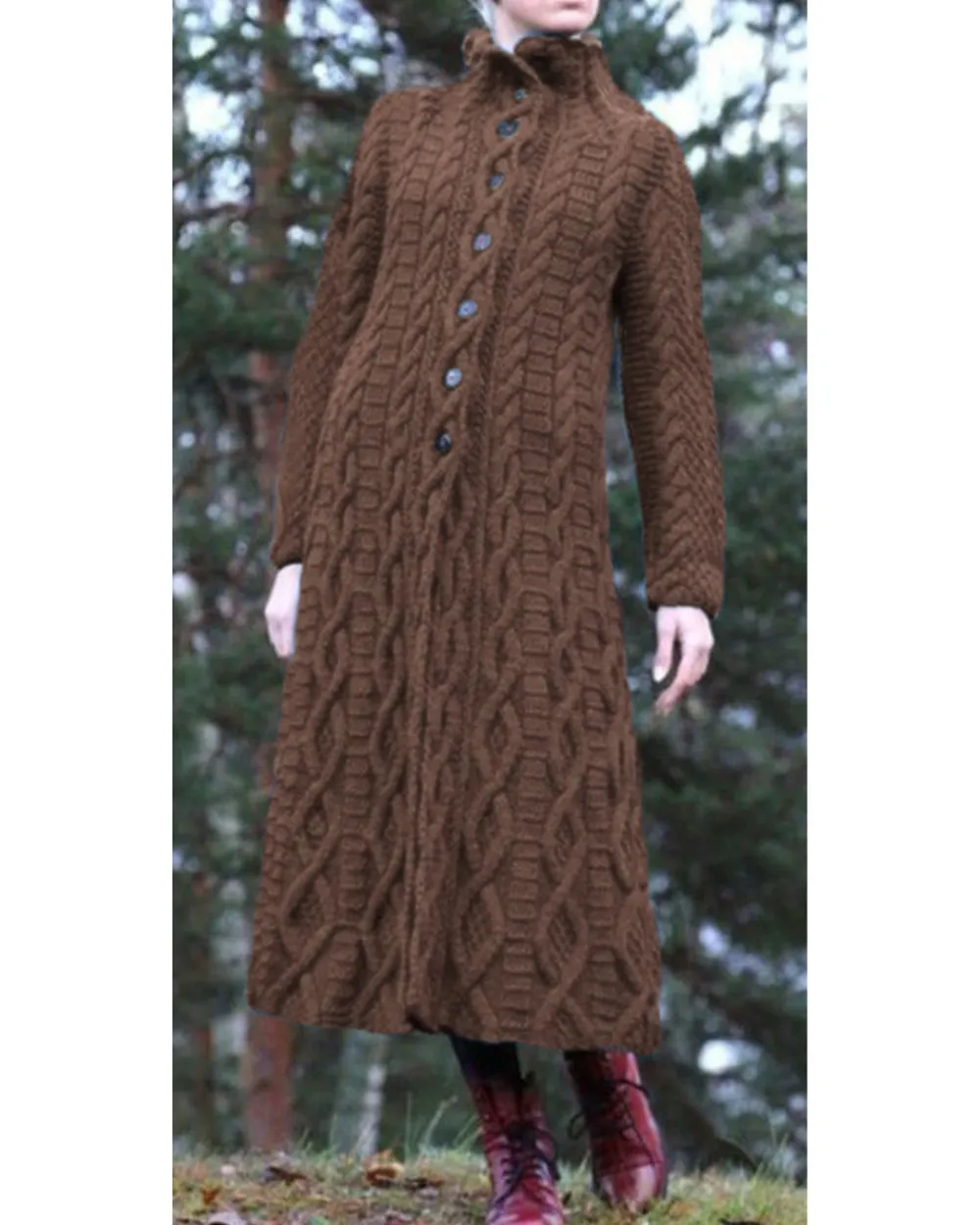 Women's High Neck Chunky Twist Knit Extra Long Cardigan