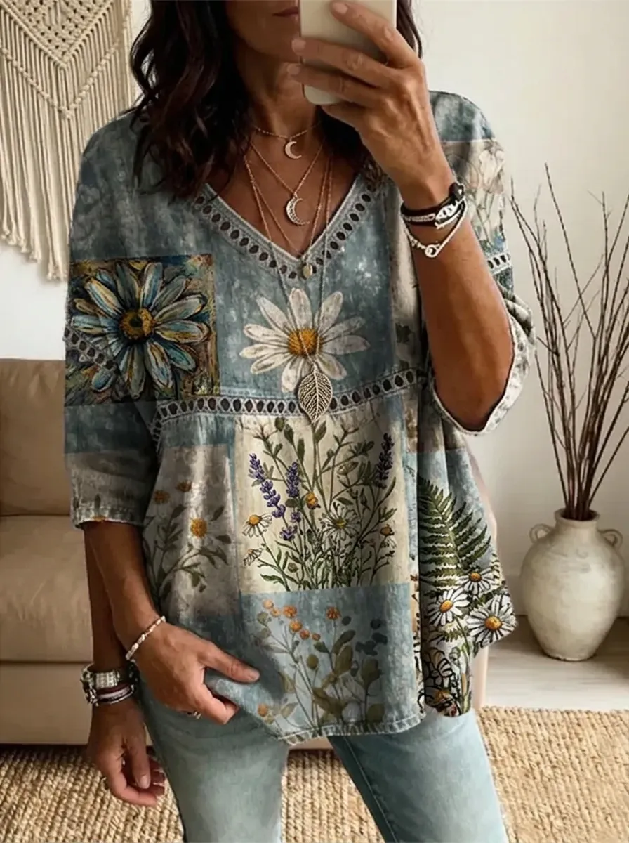 Women's Nashville Floral Patchwork Printed V-neck Top