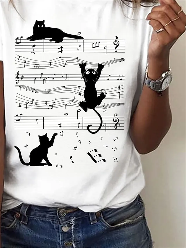 Women's T shirt Tee Cat Music White Print Short Sleeve Daily Weekend Basic Round Neck Regular Fit