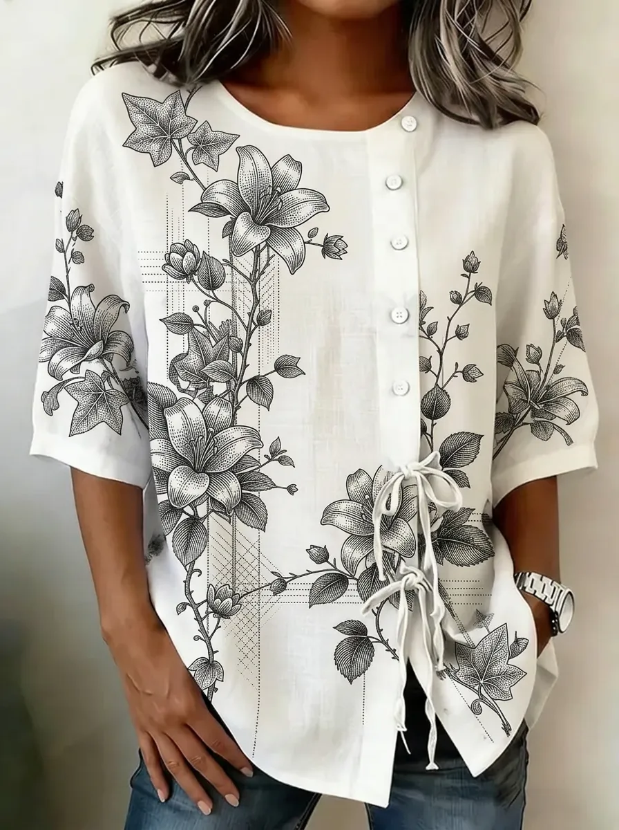 Women's Nashville Floral Botanical Sketch Printed Button-Up Top