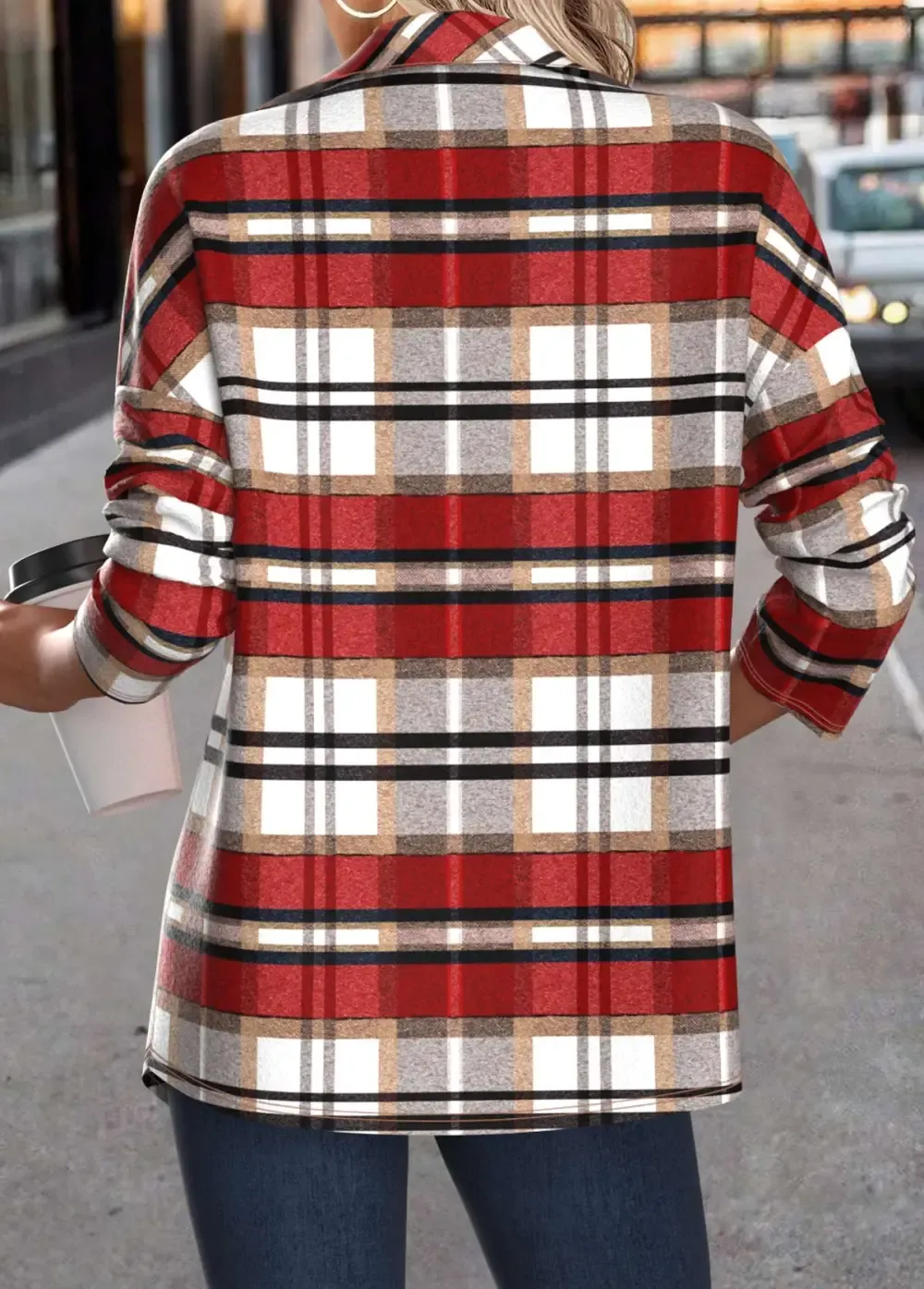 Red Patchwork Plaid Long Sleeve Turn Down Collar Coat
