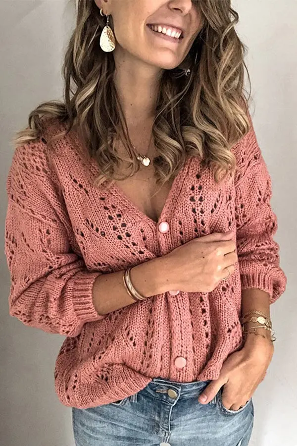 Casual Solid Color Hollow V-neck Sweater