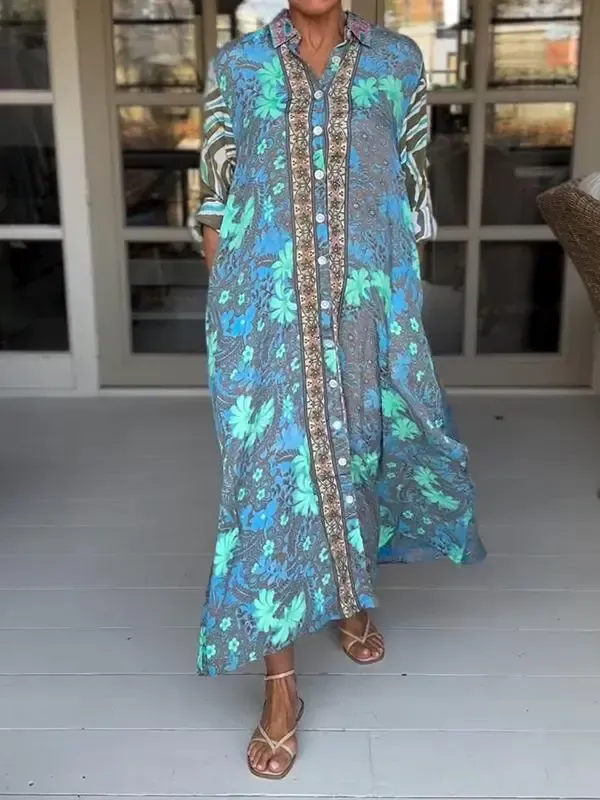 Women Sundress Boho Casual Lapel Loose Printed Dress