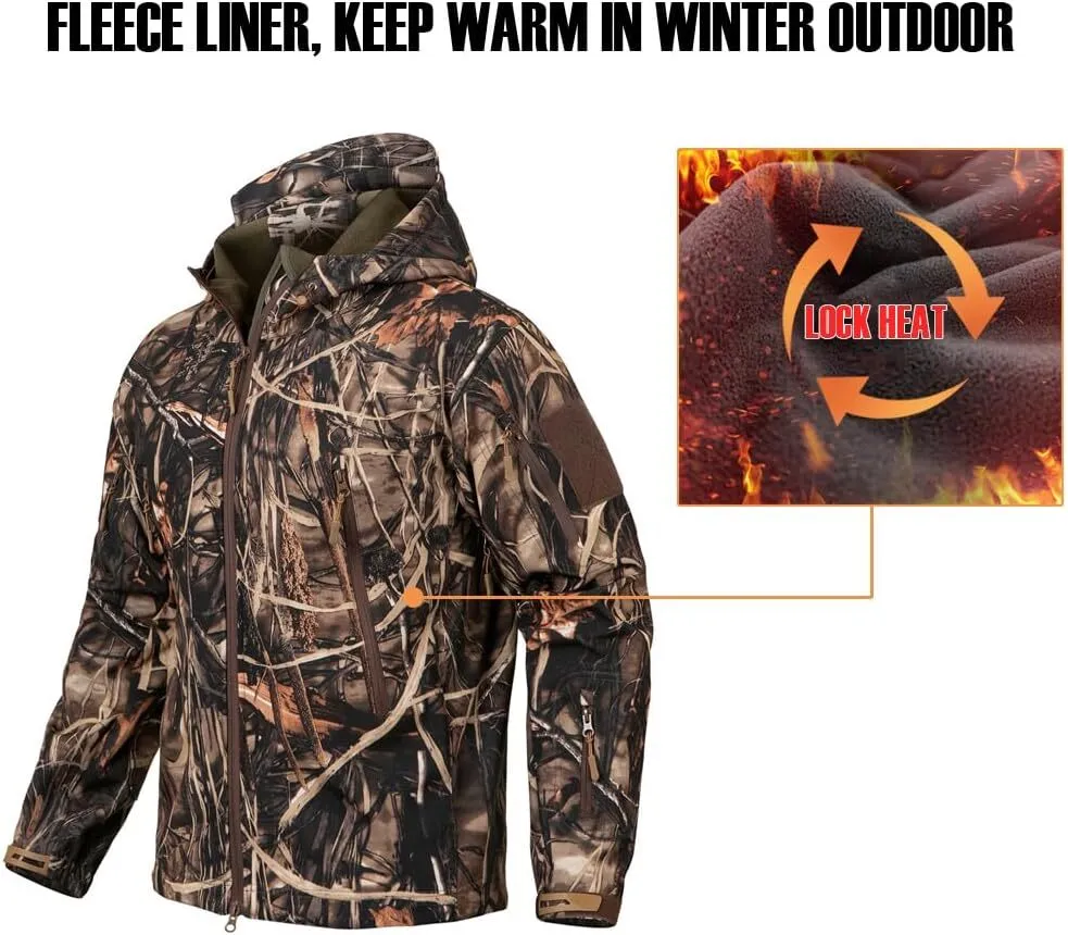 Men's Camo Quiet Hunting Jacket Waterproof Softshell Fleece Lined Camouflage Outdoor Hiking Fishing Coat