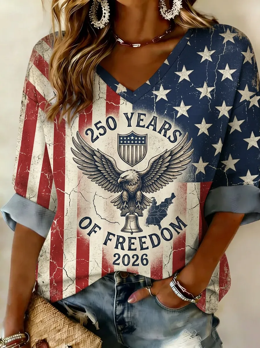 Women's USA Patriotic Eagle 250 Years Freedom Printed V-neck Top