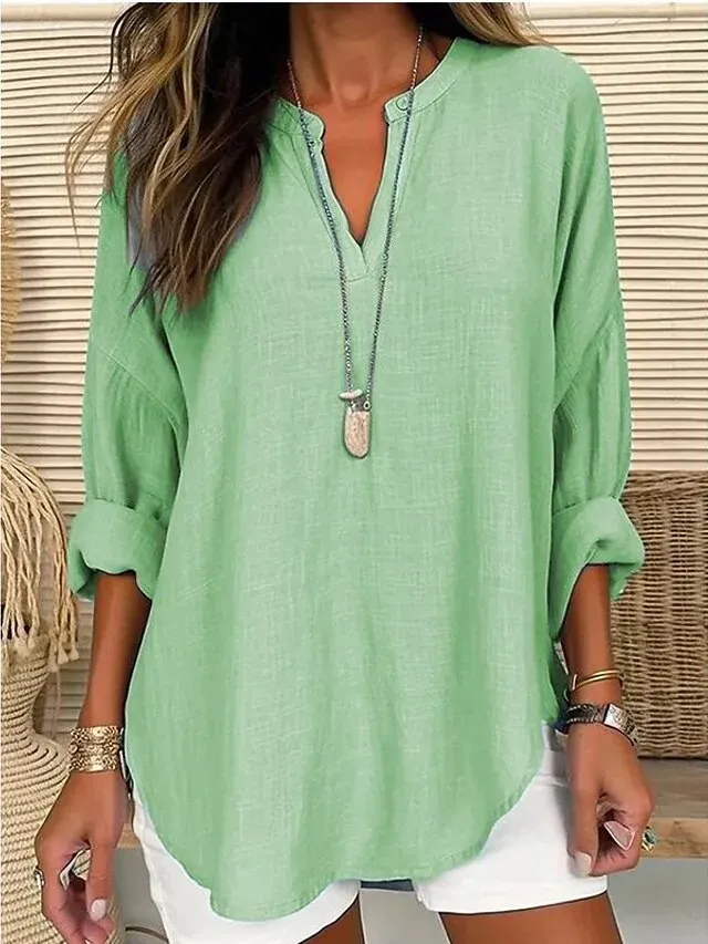 Women's Shirt Blouse Linen White Pink Sky Blue Green Color