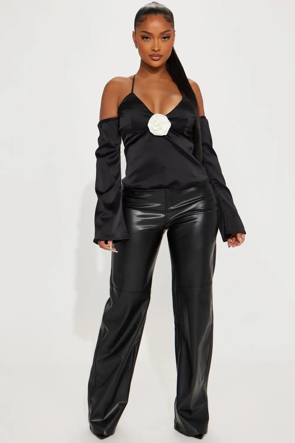 Soft Mood Satin Long Sleeve Cami - Black/White