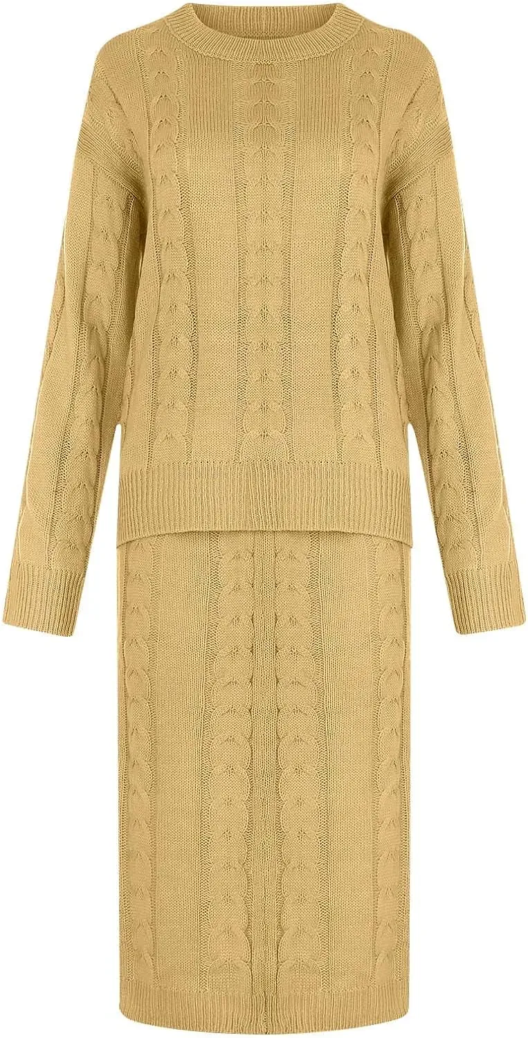 Women 2 Piece Outfits Knitted Sweater Tops and Long Skirt Turtleneck Long Sleeve Bodycon Dress Set Chunky Cable Knit