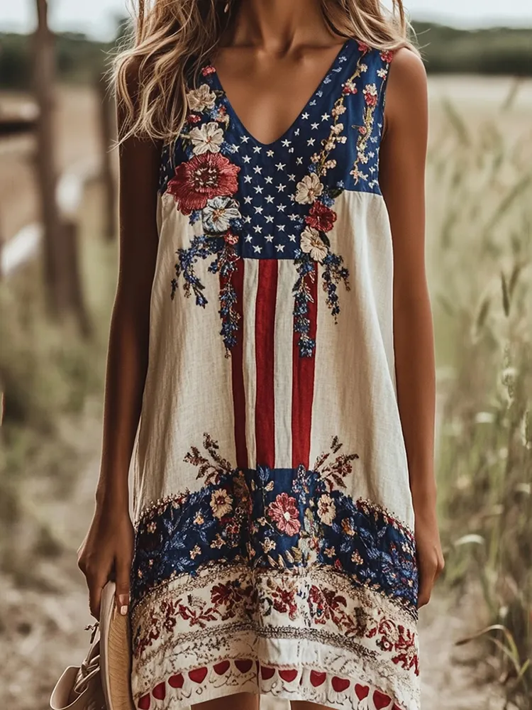 Women's Independence Day Floral Embroidered Art V-neck Tank Midi Dress