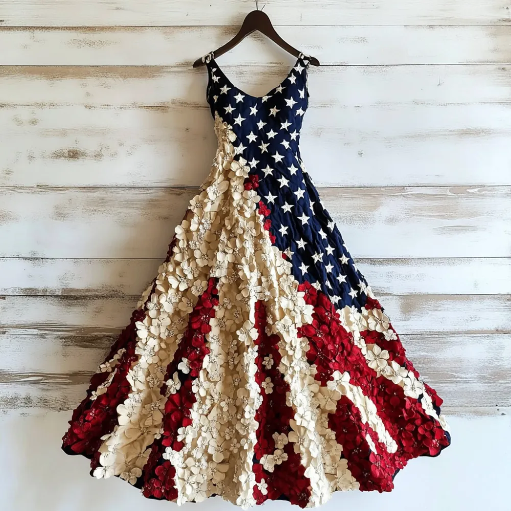 Women's Vintage Independence Day Flowers Art Linen Midi Dress