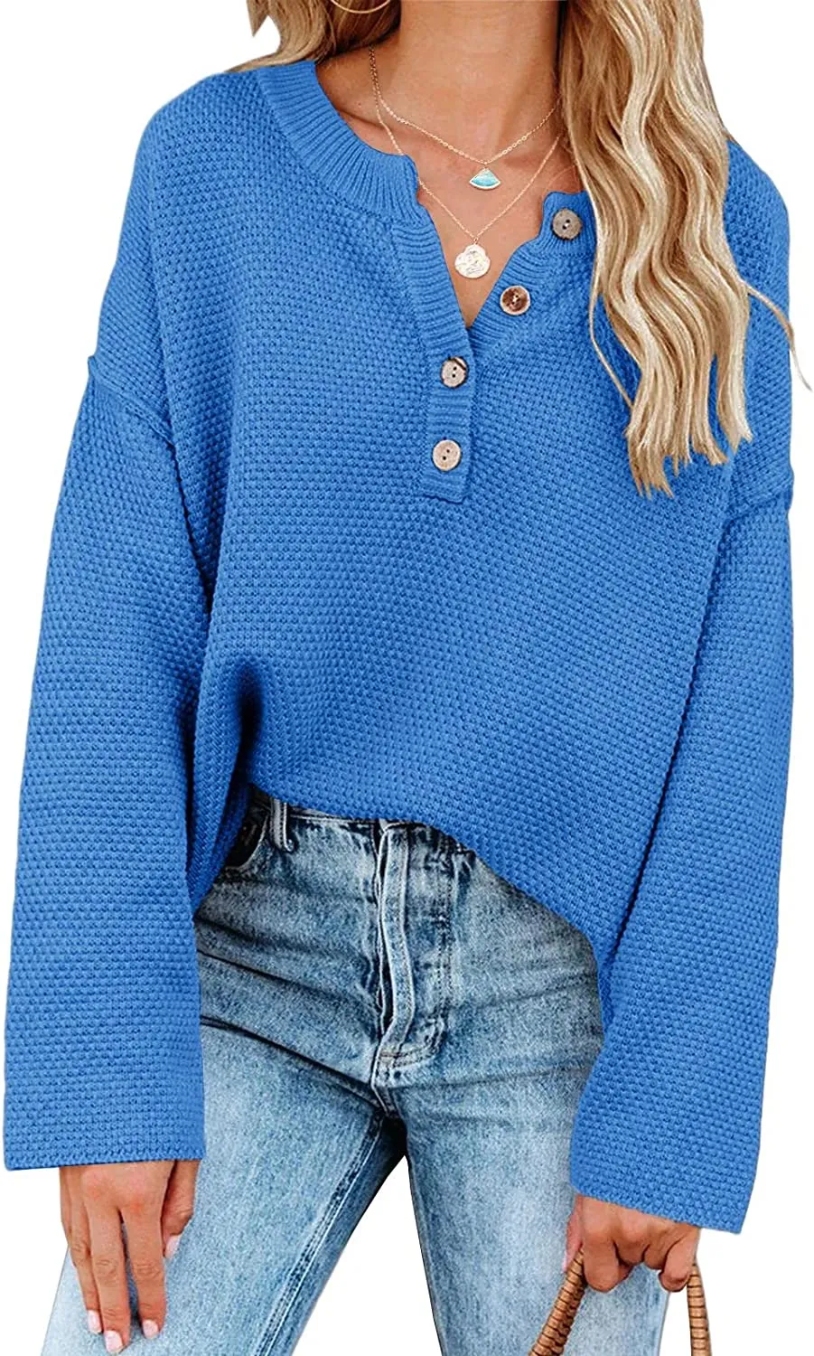 Women's Oversized Sweaters Batwing Long Sleeve Loose V Neck Button Henley Tops Pullover Knit Jumper