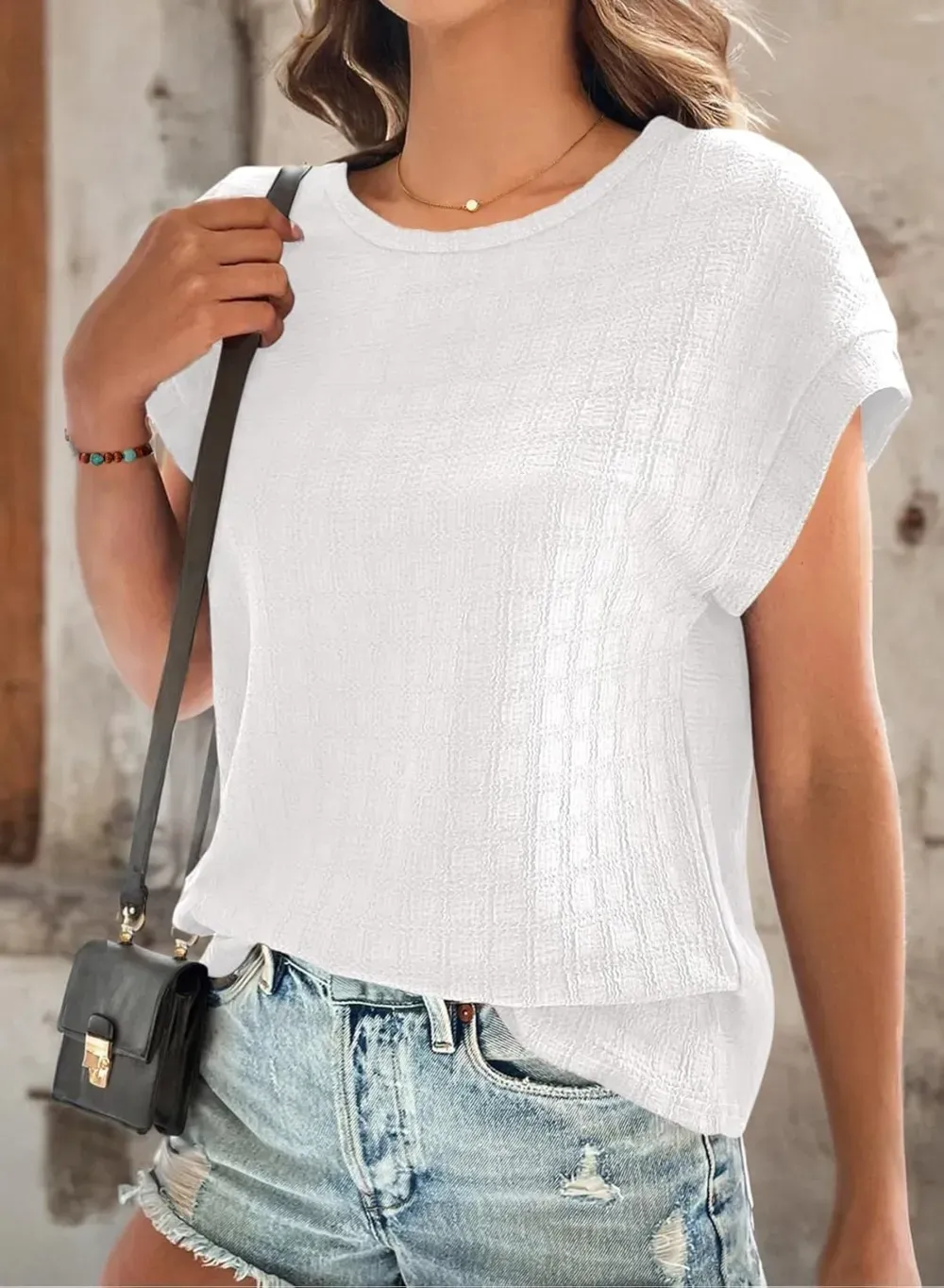 Dokotoo Tops for Women Trendy Summer Casual Cap Short Sleeve Basic Textured Solid Color Round Neck T Shirts Blouse