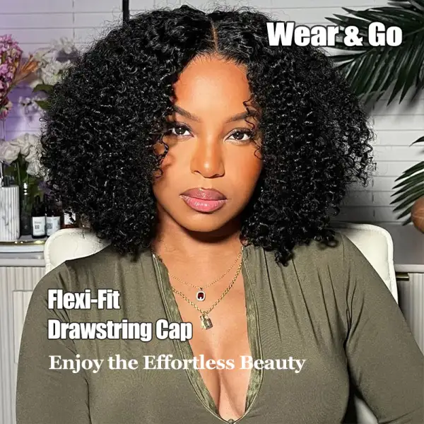 Glueless Flexi-Fit Invisi Drawstring Cap Afro Kinky Curly Wave Bob Wig Human Hair Wigs