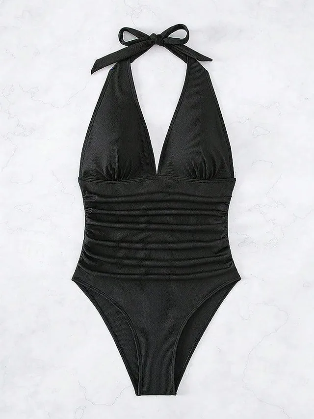 Women's Swimwear One Piece Normal Swimsuit Open Back Plain Beach Wear Holiday Bathing Suits