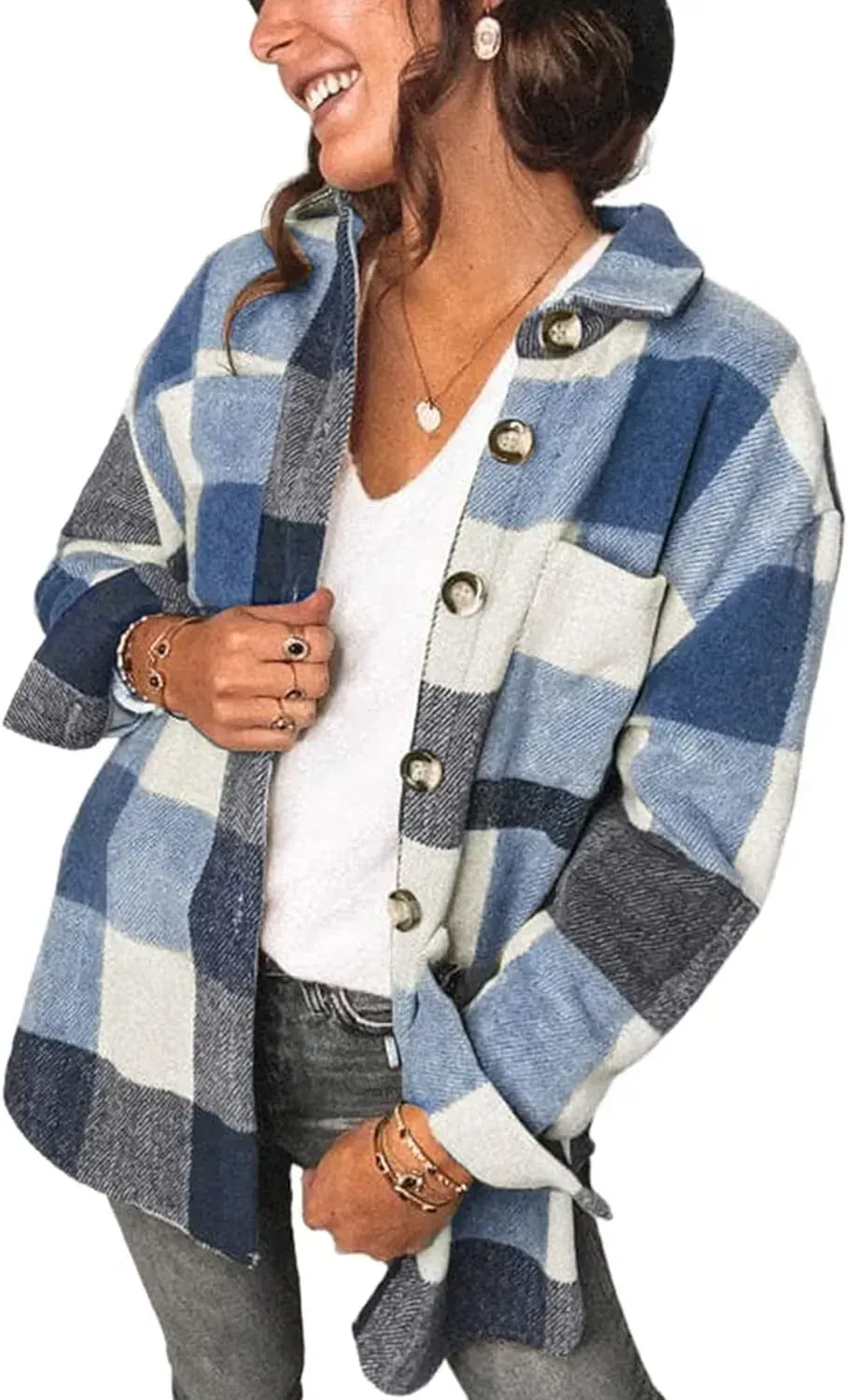Women's 2023 Fall Clothes Plaid Shacket Jacket Long Sleeve Button Down Flannel Shirts Fashion Blouse