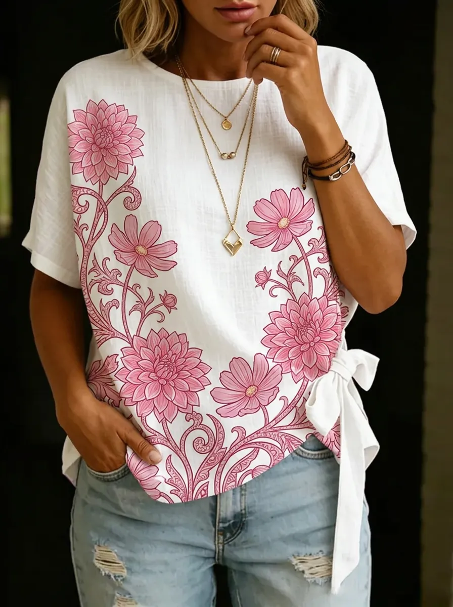 Women's Nashville Floral Botanical Printed Tie-Side Top
