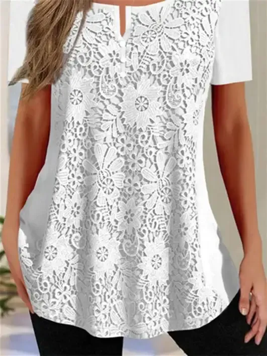 Women Short Sleeve U-neck Lace Floral Printed Tops