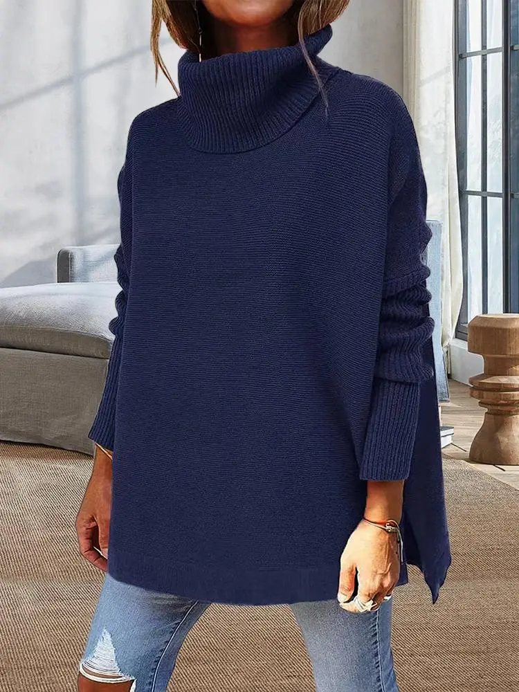 Midi Bat Sleeve Hem Tunic Sweater Knitted In A Turtleneck Sweater