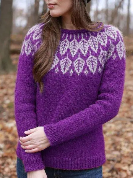 Knitted Printed Casual Crew Neck Sweater