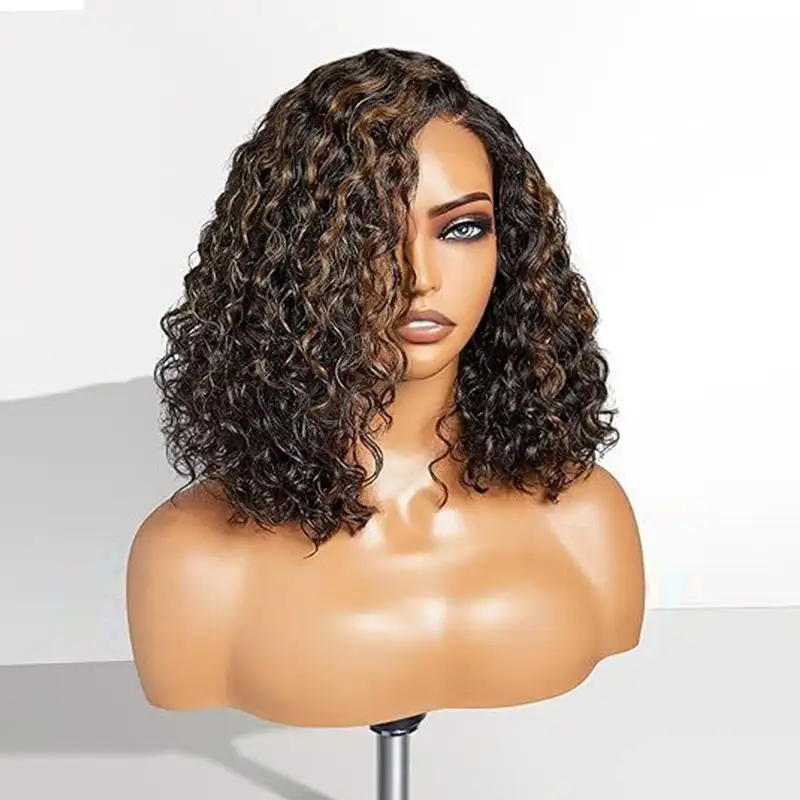 Glueless Wear & Go Water Wave Bob Wig Casual Blonde Highlights Glueless Wig Pre Bleached Human Hair Wig