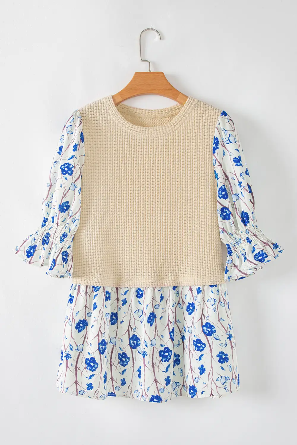Floral Waffle Knit Patchwork Blouse