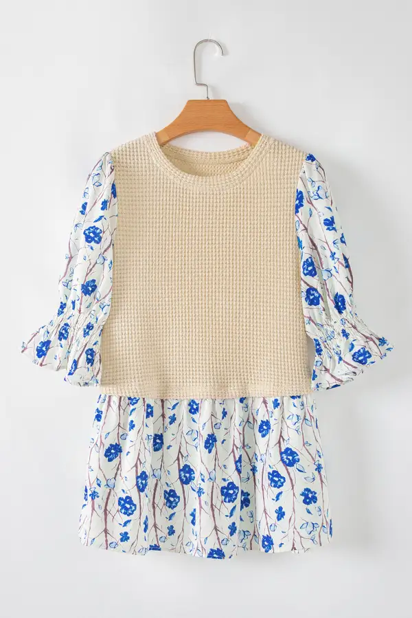 Floral Waffle Knit Patchwork Blouse