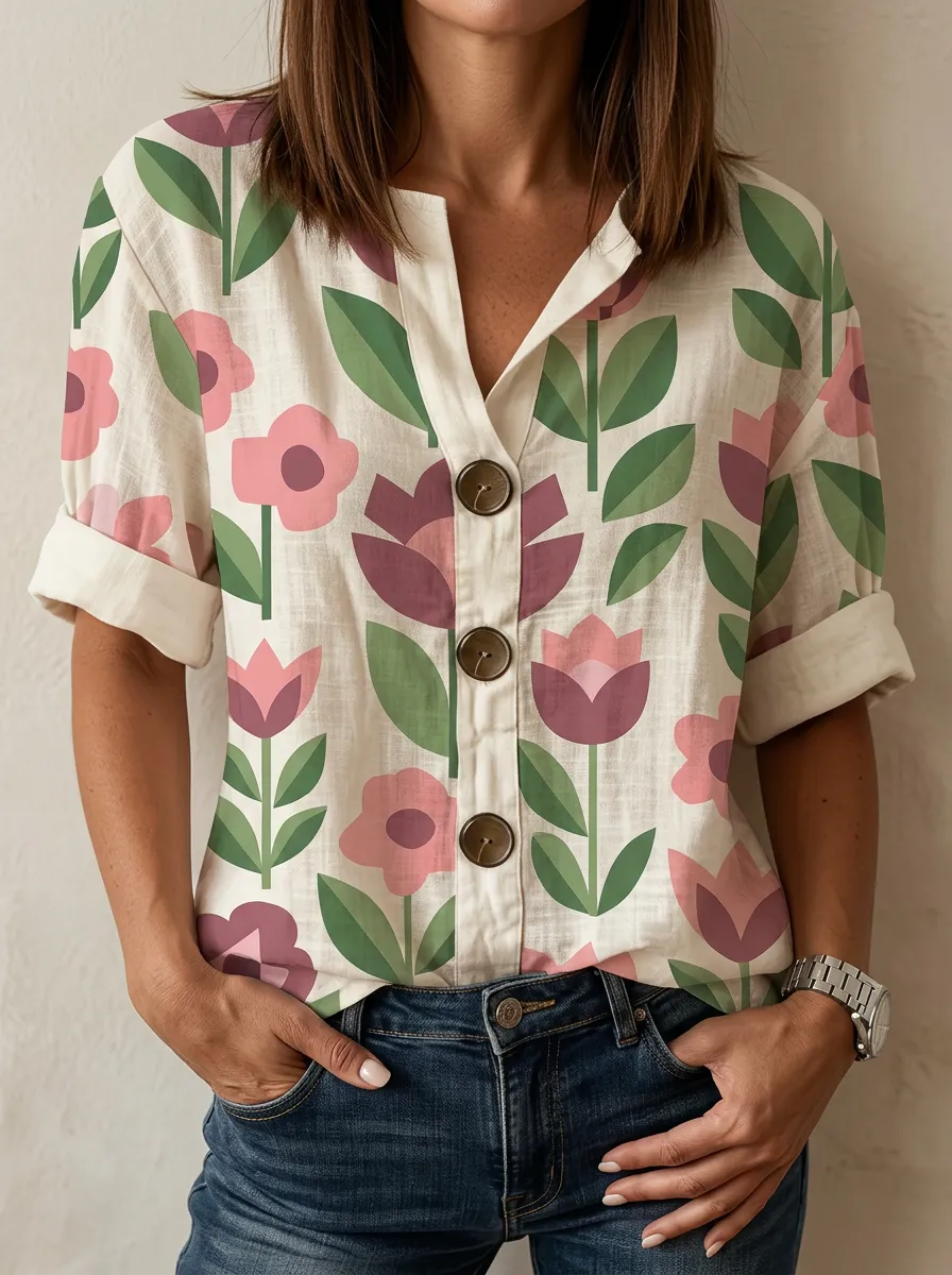 Women's Nashville Floral Botanical Printed Button-Down Shirt