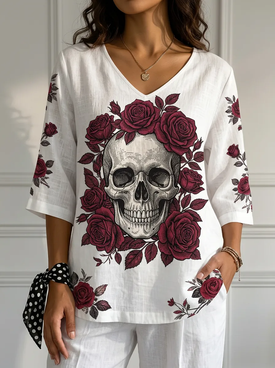 Women's Nashville Gothic Skull Rose Printed V-neck Top