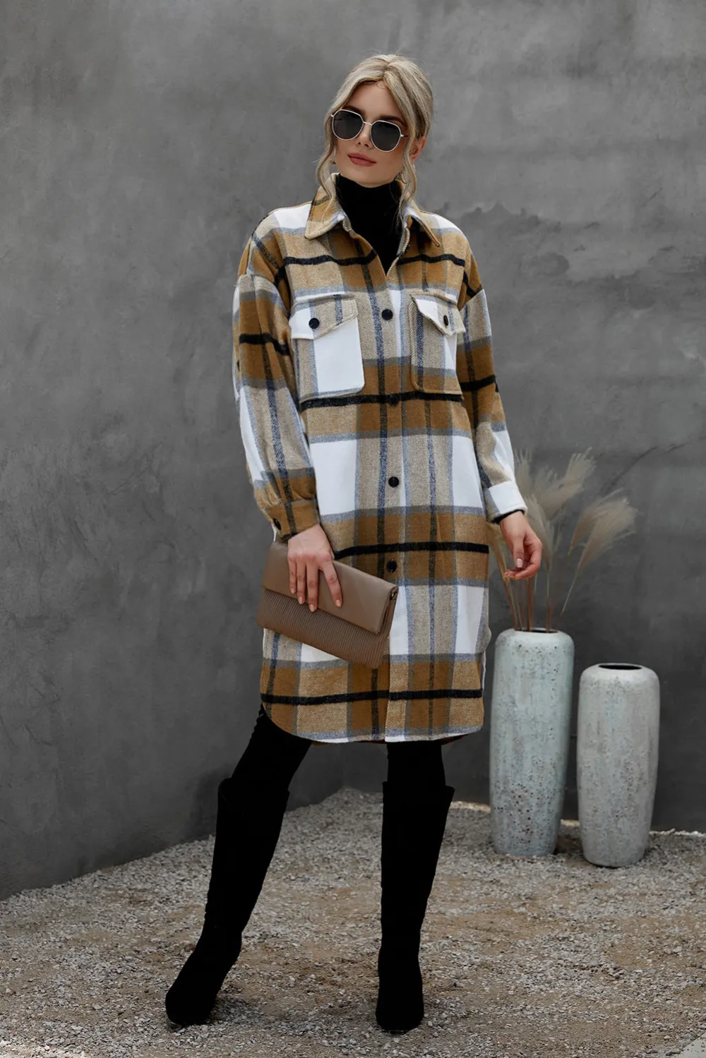 Khaki Turn-down Collar Pocket Button Plaid Coat