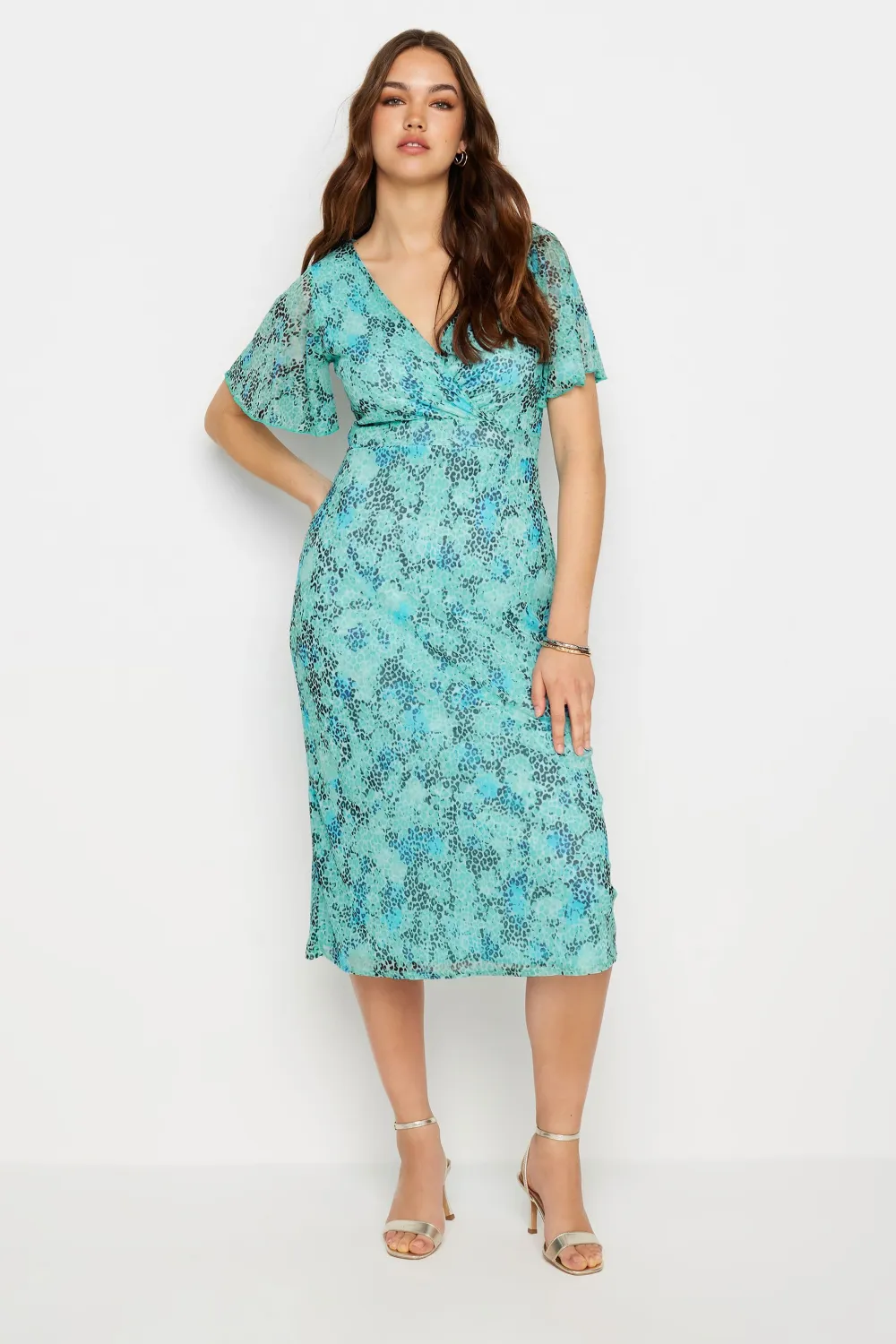 LTS Tall Blue Leopard Print Mesh Midaxi Wrap Dress