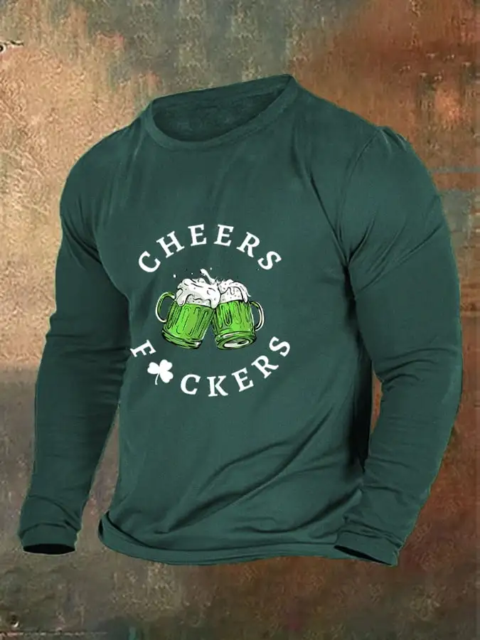 Men's Funny St. Patrick's Day Cheers Green Beer Shamrock Casual Long Sleeve T-Shirt