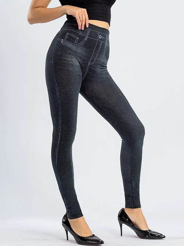 Women's Leggings Faux Denim Ankle-Length Stretchy High Waist Fashion Casual Weekend Black Blue S M