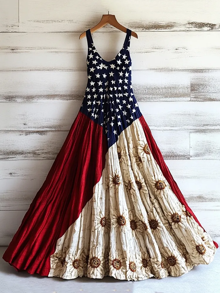 Women's Vintage Independence Day Flag Sunflower Art Linen Tank Midi Dress