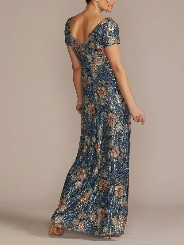 short sleeve allover sequin floral a-line