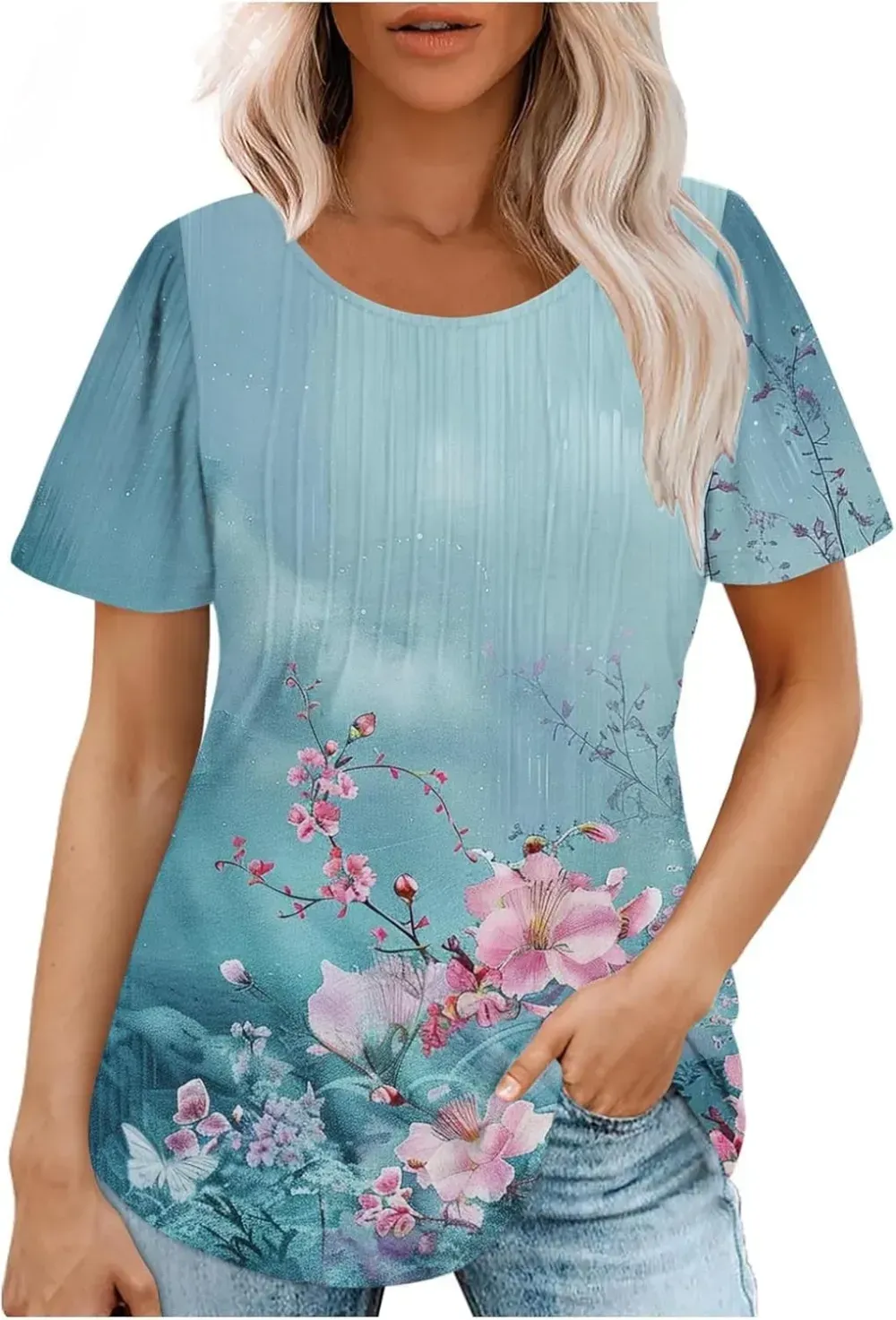 Womens Summer Pleated Front Shirts Tunics Casual Short Sleeved Loose Round Neck Boho Printed Tops Vacation Blouse