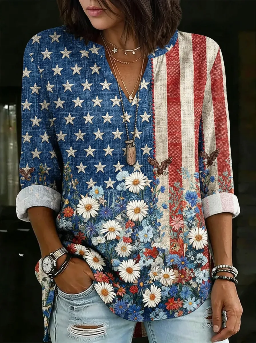 Women's Nashville USA Flag Daisy Eagle Printed V-Neck Top