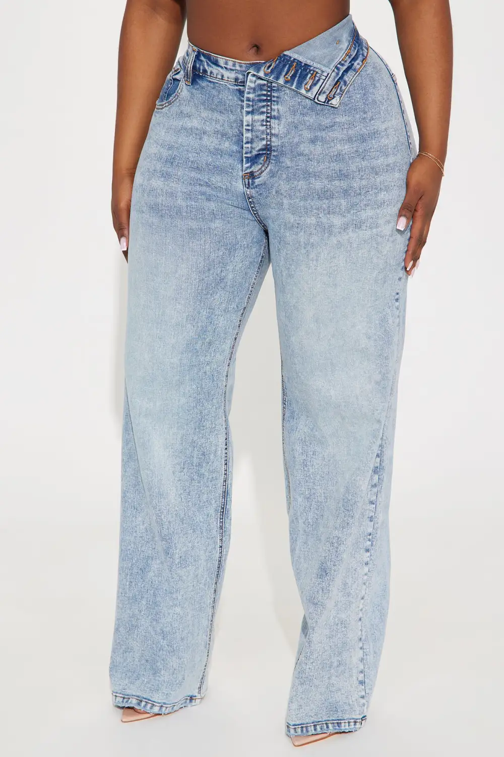 Carri Foldover Waistband Stretch Straight Leg Jeans - Light Wash
