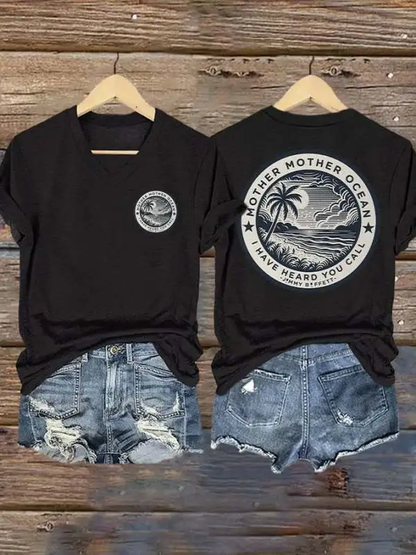 V Neck Retro Mother, Mother Ocean, I Have Heard You Call Print T-Shirt