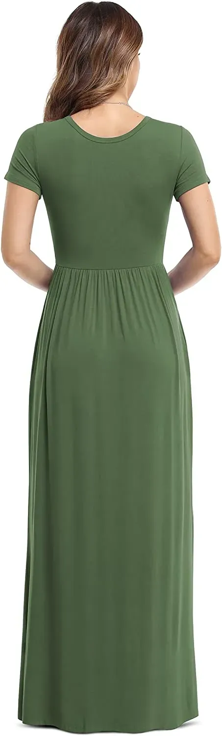 Women's Short Sleeve Loose Plain Maxi Dresses Casual Long Dresses with Pockets