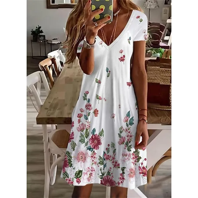 Women's Casual Dress Shift Dress Floral Dress Mini Dress Light Blue White Light Green Short Sleeve Floral Print Summer Spring V Neck Basic 2023 S M L XL 2XL 3XL 4XL